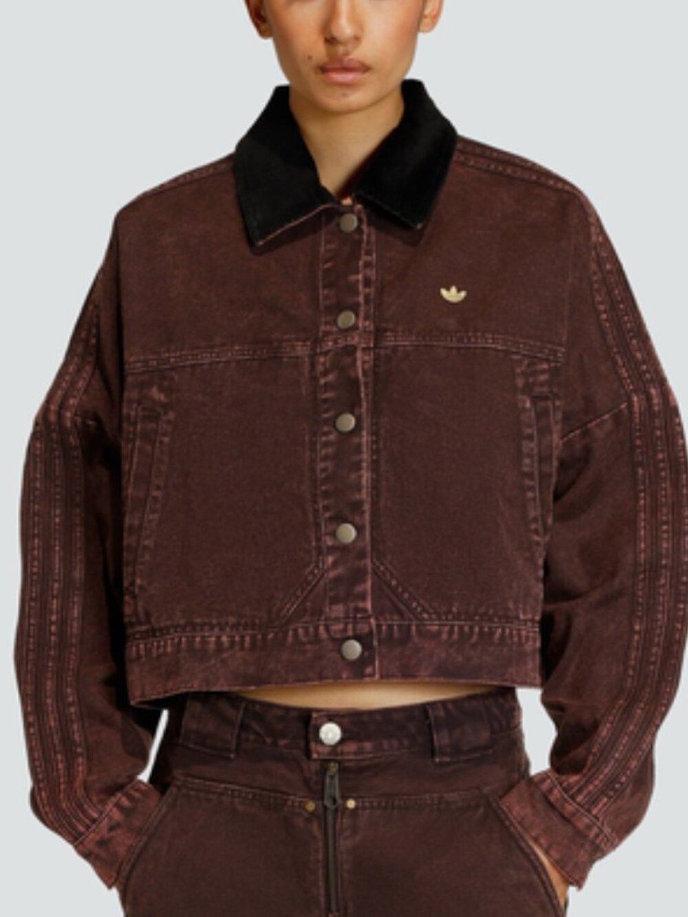 Adidas Originals women's denim jacket Trefoil Logo Size M Dark Brown OVERSIZED